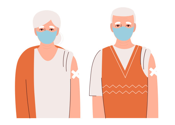 为老年人接种疫苗。戴着医用口罩，手上有创可贴的老人和老人。保护人们免受冠状病毒和其他病毒、流行病的侵害。平面向量插图在白色背景图片下载