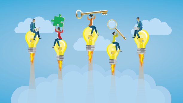 成功的团队合作。用灯泡火箭飞行。矢量插图。图片下载
