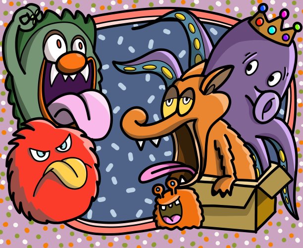 卡通可爱的怪物，怪物派对卡设计插图，手绘。图片下载