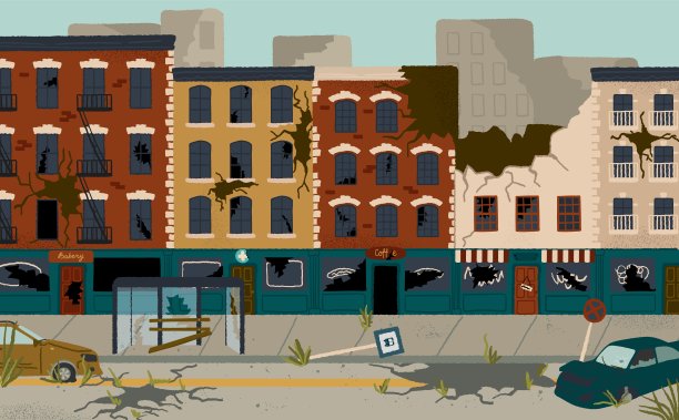 废弃城市建筑矢量漫画插图。地震或天灾之后，人们离开了城市。有破墙的城市住宅和商业地产。暴力骚乱后的破坏区域图片下载