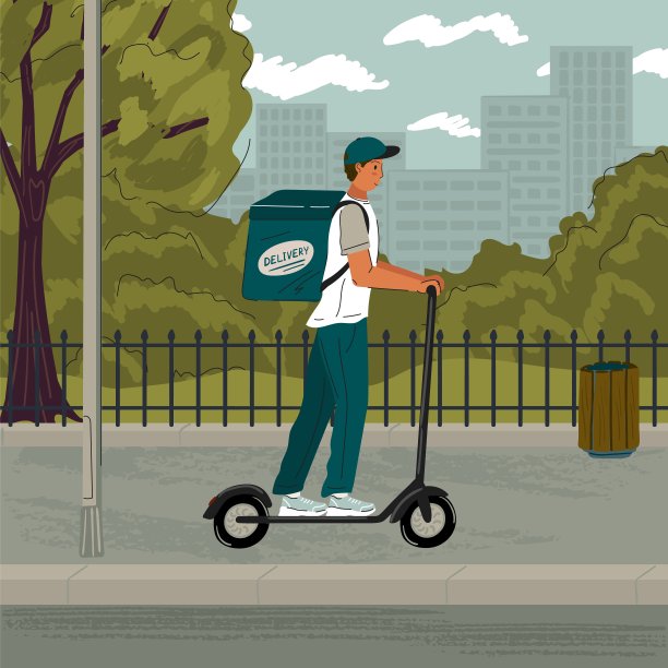 配送服务概念矢量图。骑电动滑板车送快递。男性卡通人物驾驶生态城市交通工具。在街上踢踏板车图片下载