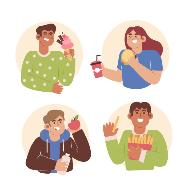 手绘的人吃设置矢量插图图片下载