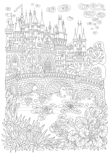 幻想的风景。童话般的中世纪城堡、石桥、湖泊、水草、莲花和鸢尾花。成人和儿童涂色书页图片下载