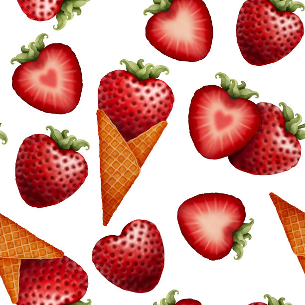 草莓心型，冰淇淋蛋筒水彩无缝图案。情人节，爱情，甜点的概念图片下载