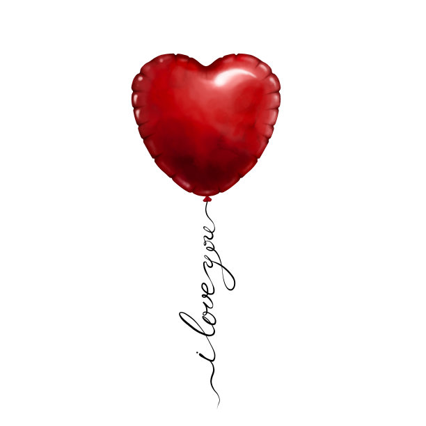水彩心形气球与文字“我爱你”的线。情人节，婚礼设计。孤立在白色图片下载