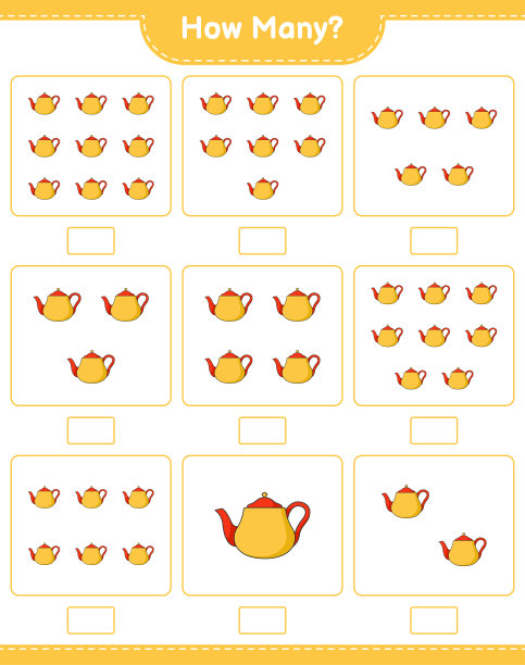 数数游戏，多少个茶壶。教育儿童游戏，可打印的工作表，矢量插图图片下载