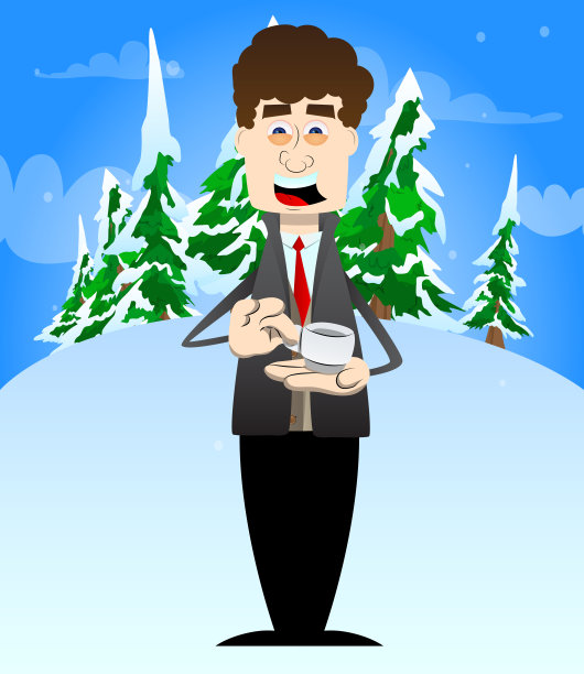 穿着冬天衣服的男人手里拿着一杯咖啡。图片下载