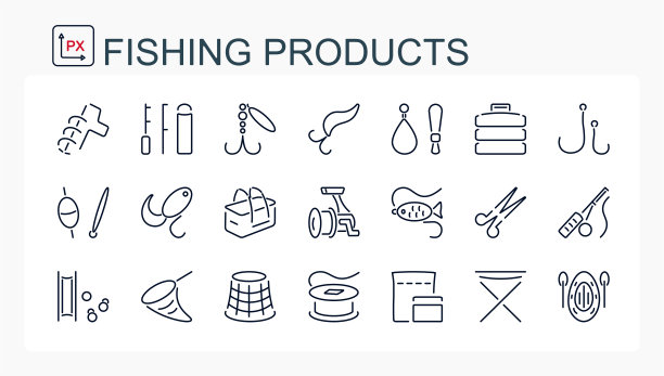 一组矢量插图，从细线图标。钓鱼、旅游及露营用器材及物品。图片下载