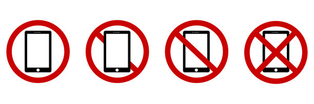 没有手机图标设置。红色圆圈。禁止标志。平面设计。技术背景。矢量插图。股票的形象。图片下载