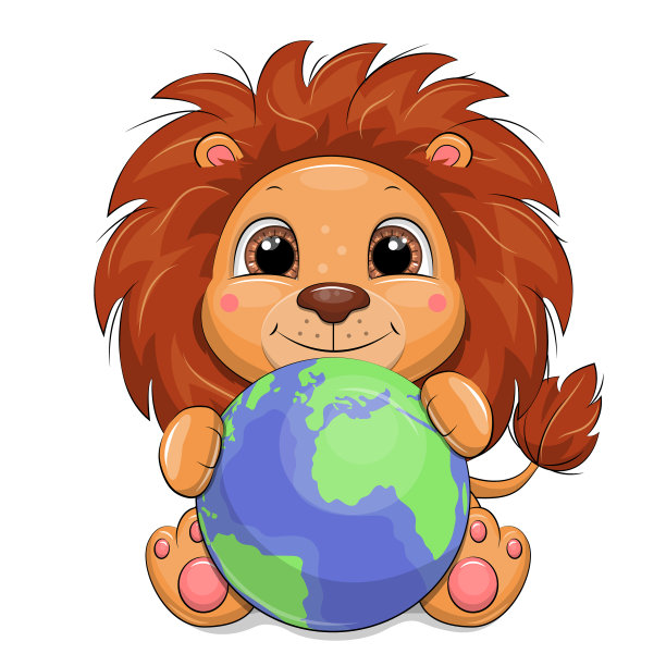 可爱的卡通狮子拿着一个地球仪。图片下载