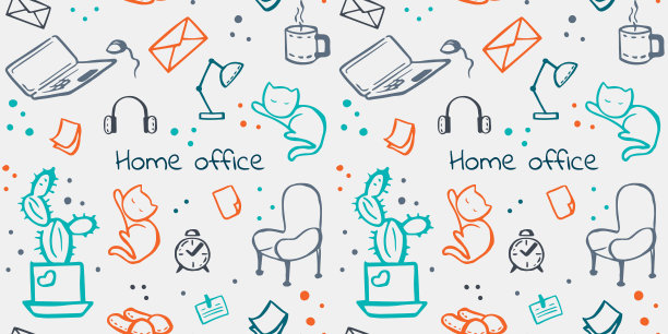 无缝的图案与涂鸦在一个家庭办公室主题孤立在白色背景上。无缝背景，居家隔离和自我隔离主题图案。矢量图图片下载