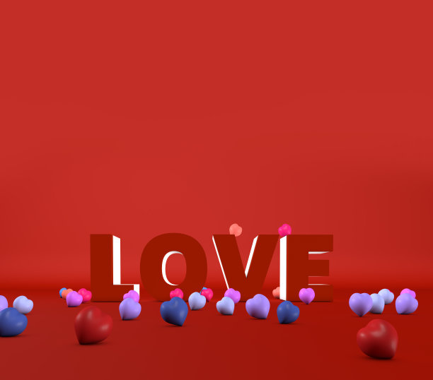 爱情写在3D包围倒下的心在红色的背景。3 d渲染图像图片下载