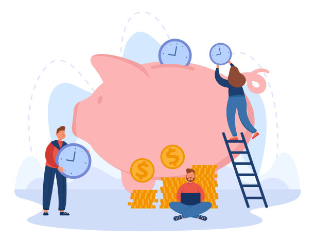 小人把钟放在钱箱里的平面矢量插图图片下载