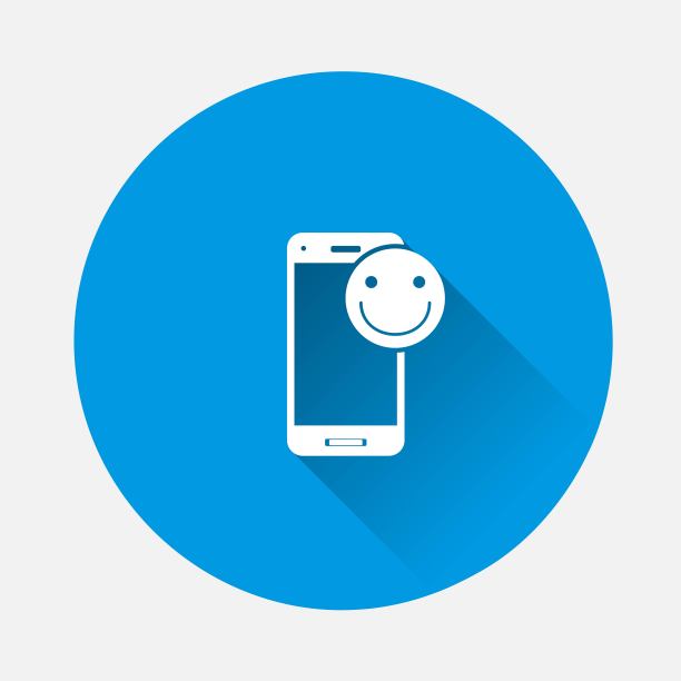 矢量电话图标与积极的情绪在蓝色背景。带有长阴影的平面图像。图层分组便于编辑插图。为你的设计。图片下载