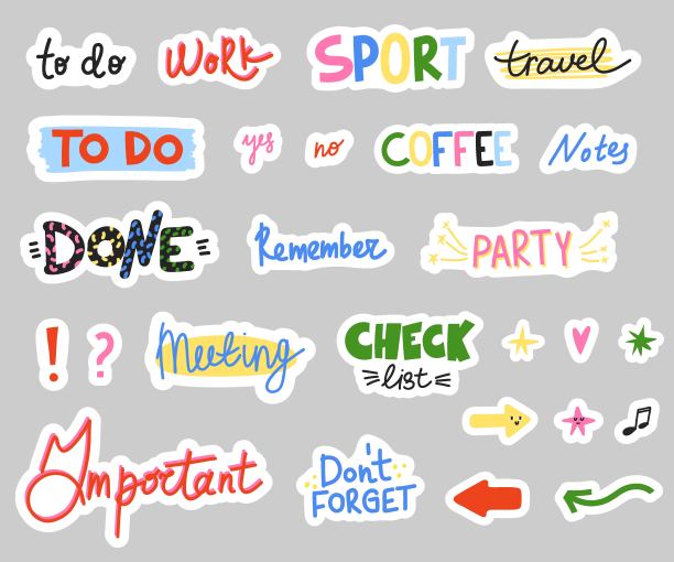 笔记本贴纸。字母每周或每日计划，乳制品可爱的标签，设计元素涂鸦收集，手动绘制的元素调度或组织者，提醒或议程矢量孤立设置图片下载