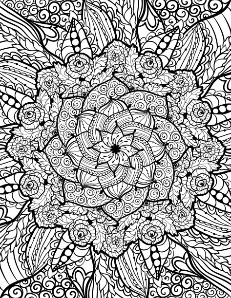 曼荼罗全覆盖涂色书页为成人，zentangle风格线艺术图片下载