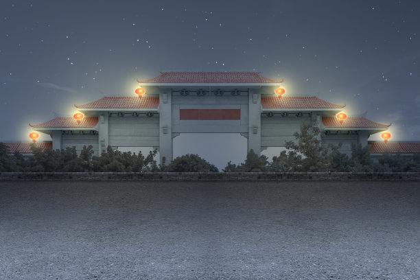 红顶挂灯笼的中国馆大门图片下载