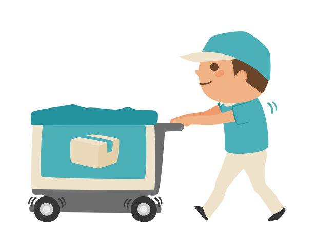 送货人员的说明。一个人推着车走着。图片下载