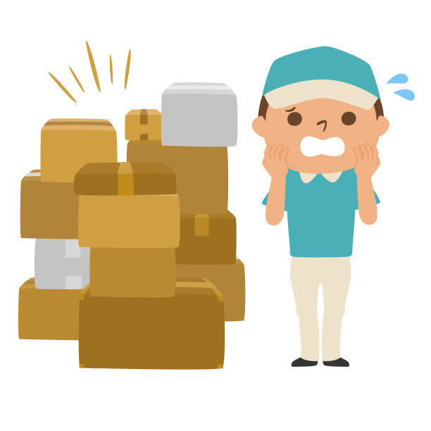 送货人员的说明。永远不会结束的行李。一个满脸倦容的男人。图片下载