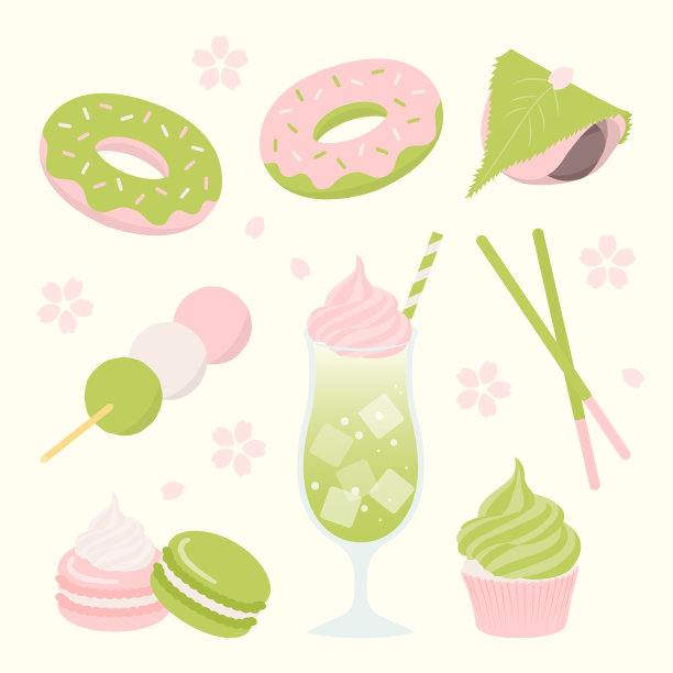 矢量背景与樱花和抹茶糖果横幅，卡片，传单，社交媒体壁纸等。图片下载