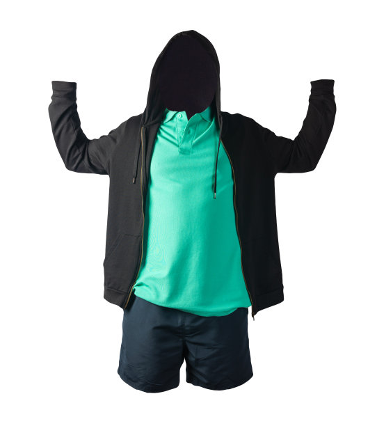 运动衫与铁拉链帽衫，衬衫和运动短裤孤立在白色的背景。休闲运动服装图片下载