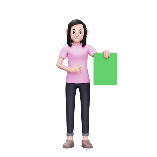 女孩左手拿着绿色的纸，用手指指着，三维人物插图随意的女人图片下载