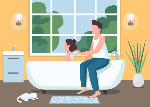 夫妇在一起洗澡平坦的颜色图片下载