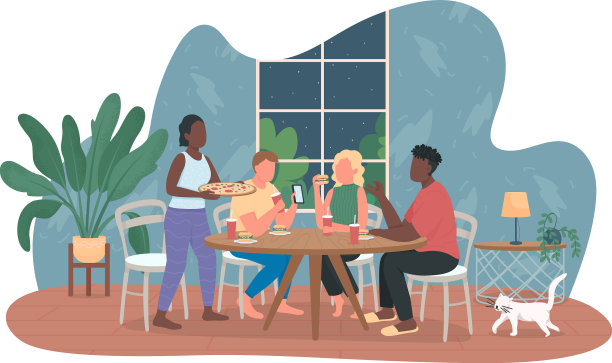 朋友在家里吃比萨饼2d网页横幅海报图片下载