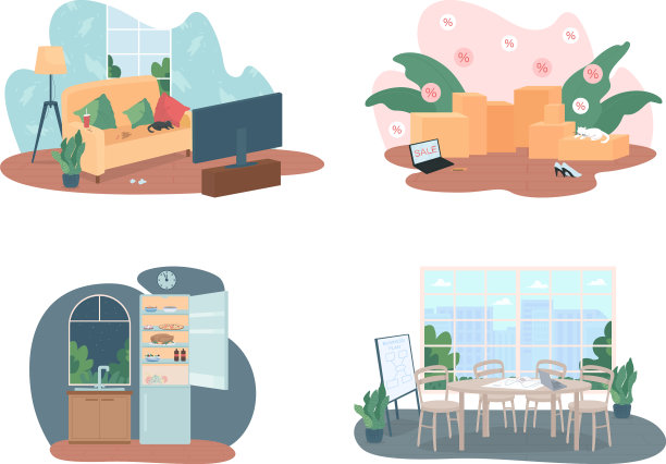 办公室和家庭内部2d网页横幅海报设置图片下载