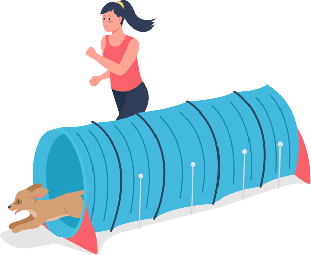 女子与狗赛跑，比赛平淡的颜色图片下载