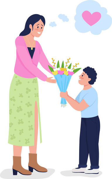 儿子给母亲鲜花平坦颜色详细图片下载