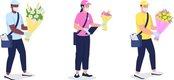 戴着面具和手套的快递员，手里拿着鲜花图片下载