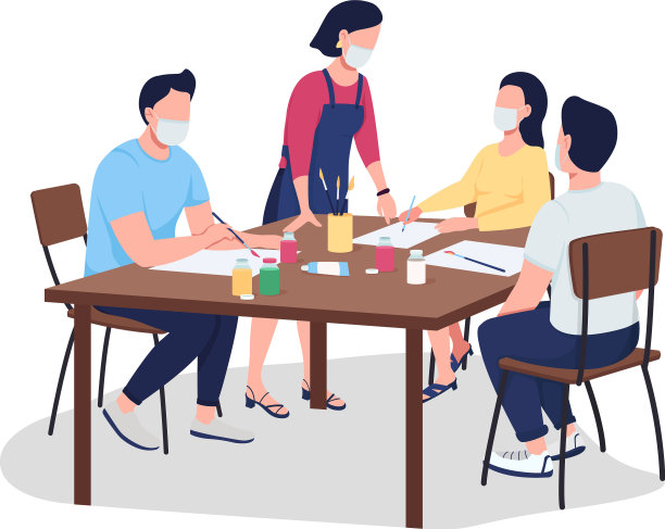 在艺术课上，成人戴着面具，颜色平平图片下载