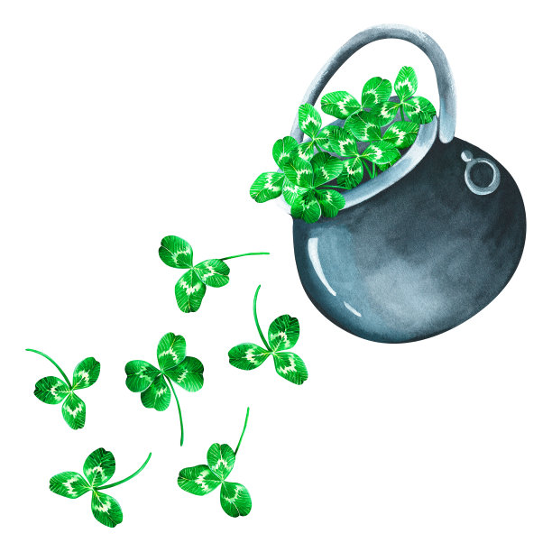 大锅三叶草。圣帕特里克节。水彩插图。孤立在一个白色的背景图片下载