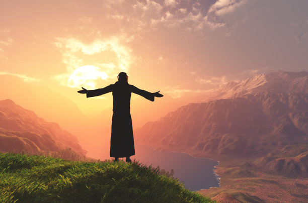 旅人在群山的背景上。图片下载