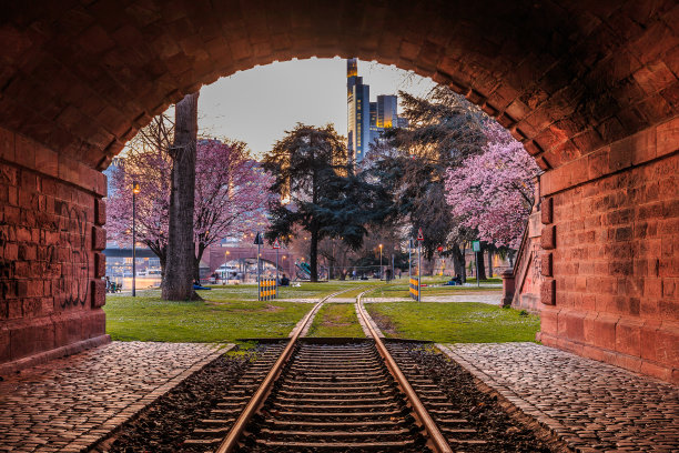 法兰克福的公园和隧道在晚上的天际线图片下载