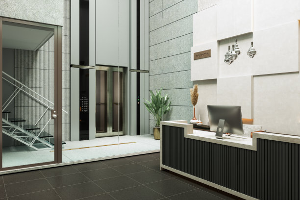 现代化的办公室或酒店入口，设有前台，电梯和楼梯图片下载