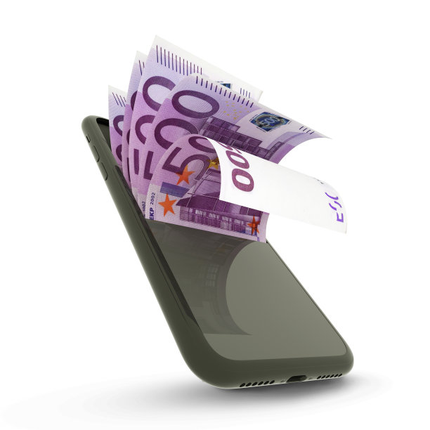 在白色背景下，智能手机内置500欧元纸币的3D渲染图片下载