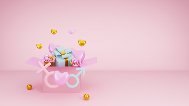 情人节快乐礼盒，粉红色粉彩背景上的玫瑰和性别象征。三维渲染图片下载
