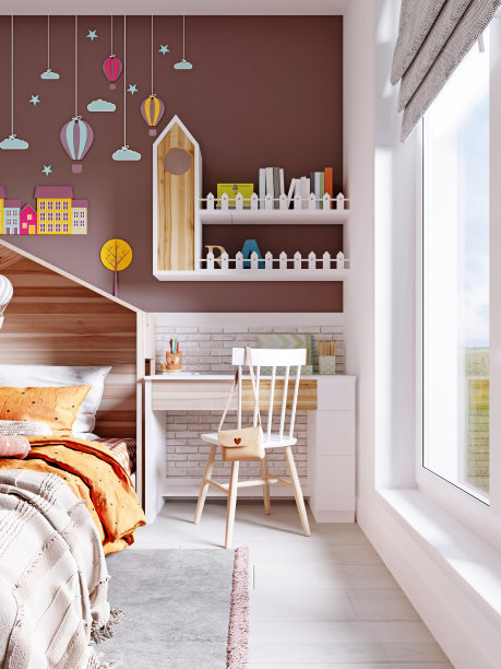 托儿所的白色工作台，椅子和栅栏形式的架子，棕色墙壁的背景上有一个喂食器和一个大窗户，可以看到风景。图片下载