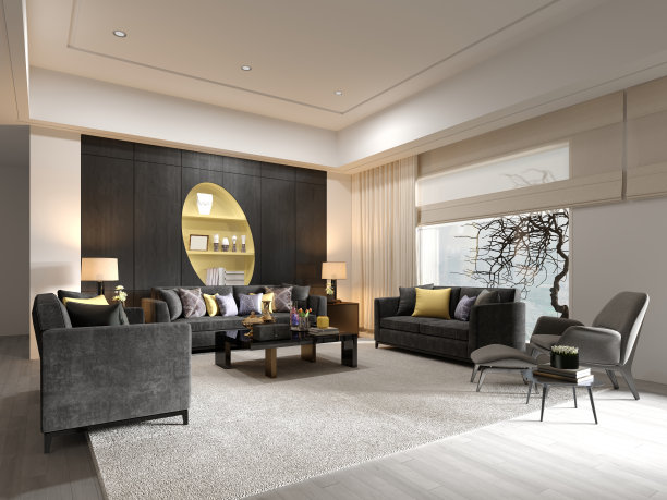 客厅设计，灰色软垫家具，木镶板和黄色壁龛与架子。图片下载