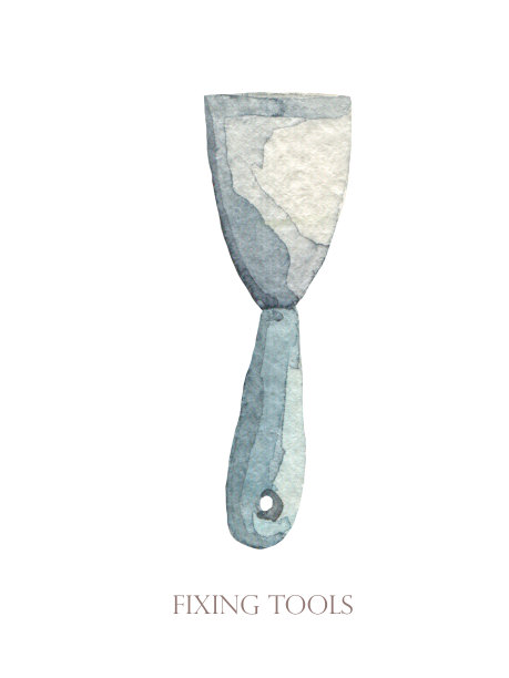 收藏水彩工具:切割机、螺丝刀、钳子、活动扳手、螺栓、螺丝、螺母、透明胶带、卷尺、锤子、销钉图片下载