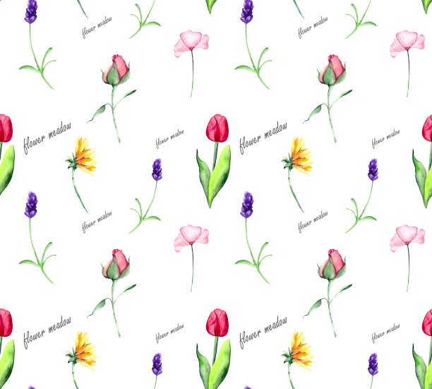 无缝图案与野花:薰衣草，向日葵，郁金香和玫瑰。水彩背景的纺织品，墙纸和包装。图片下载