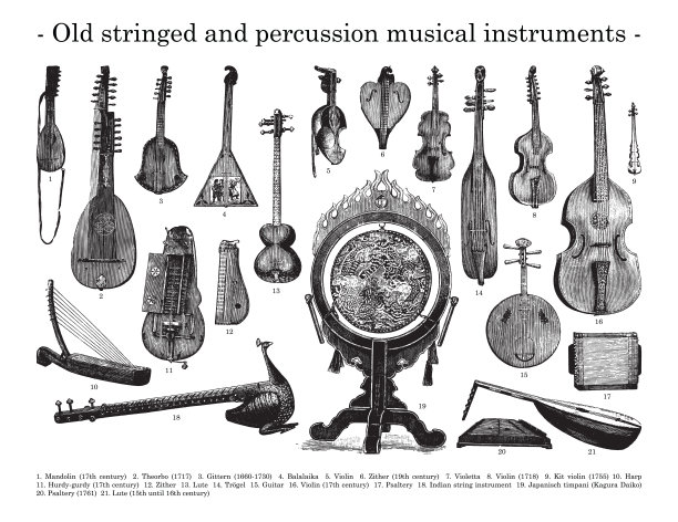 古老的弦乐器和打击乐器-老式雕刻插图孤立在白色背景上图片下载