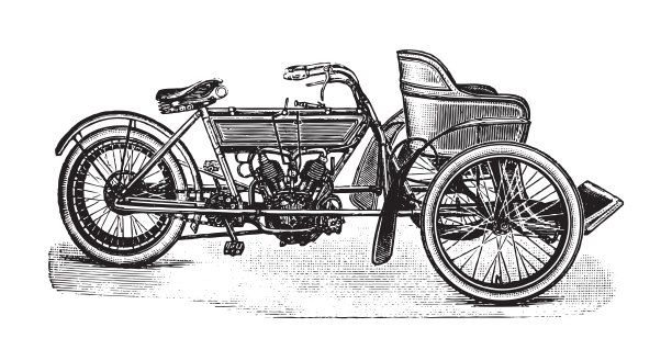 旧摩托车与边车-复古插图图片下载