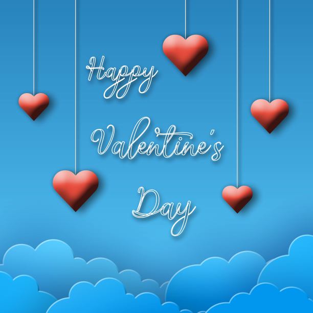 情人节快乐问候背景——蓝色背景上的字、蓝蓝的云朵和挂在麻绳上的红心图片下载