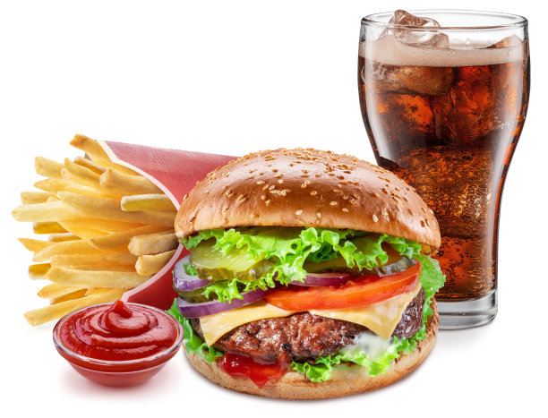 美味的芝士汉堡，可乐和薯条在白色的背景上。快餐的概念。图片下载