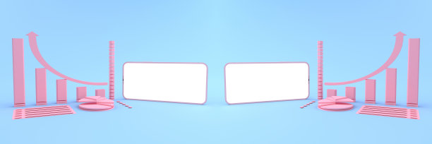 3D渲染模型粉红色智能手机白色屏幕对面的粉红色图形和圆形图形的模拟。智能手机的白色屏幕可用于商业广告，孤立于蓝色背景。图片下载