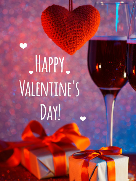 情人节快乐贺卡附文字。红丝带礼盒，香槟酒杯，散景背景图片下载