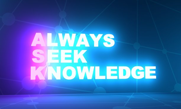 ASK -永远寻求知识的首字母缩略词。霓虹闪耀的文本。三维渲染图片下载